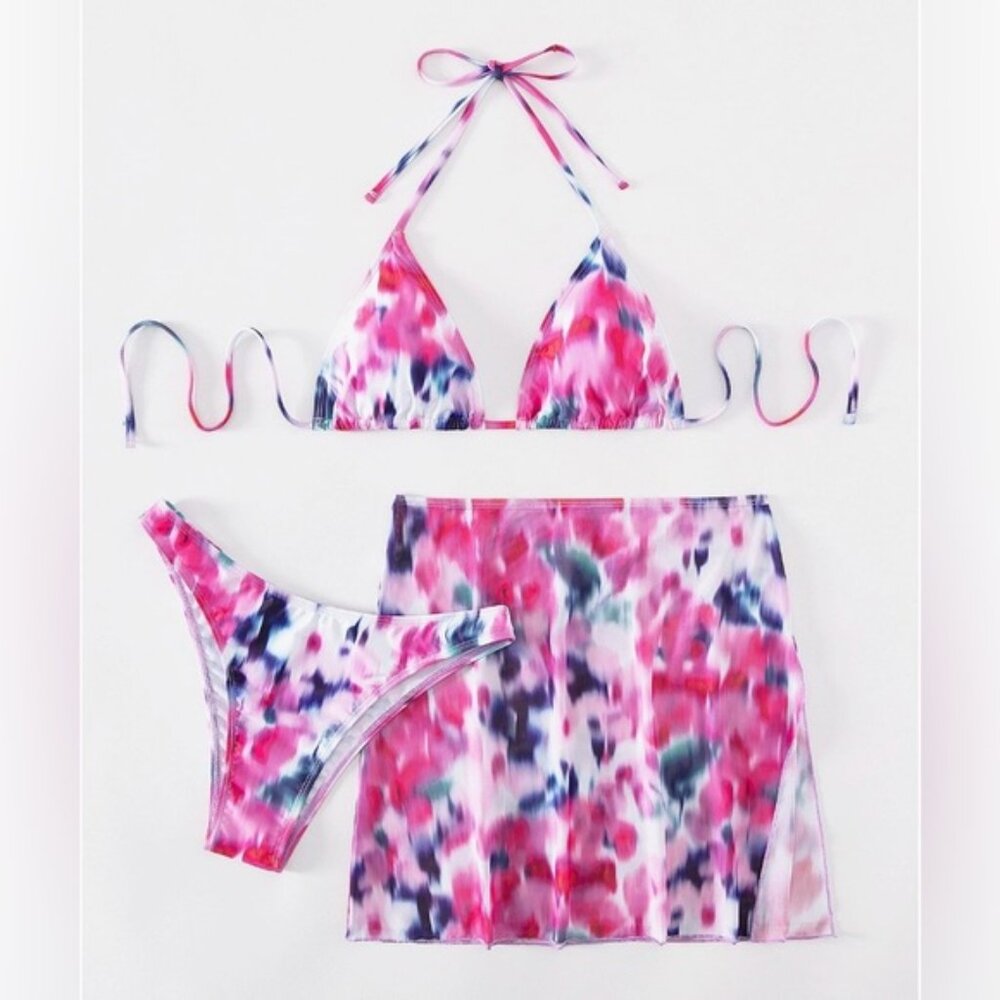 Tie Dye Halter Bikini Swimsuit With Beach Skirt